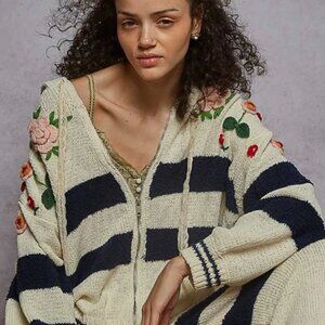 NWT Navy Striped Pattern 3D Embroidered Hoodie Zip-Up Knit Sweater by POL